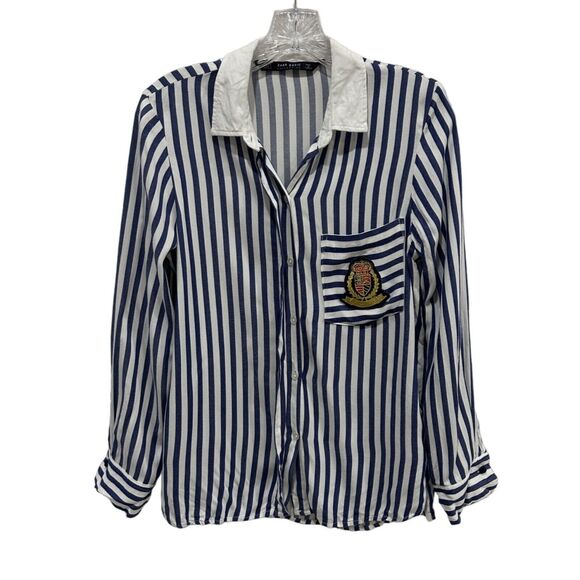 Zara Womens Size Small Stripe Button Down Shirt Nautical Crest Patch Long Sleeve - Picture 1 of 13